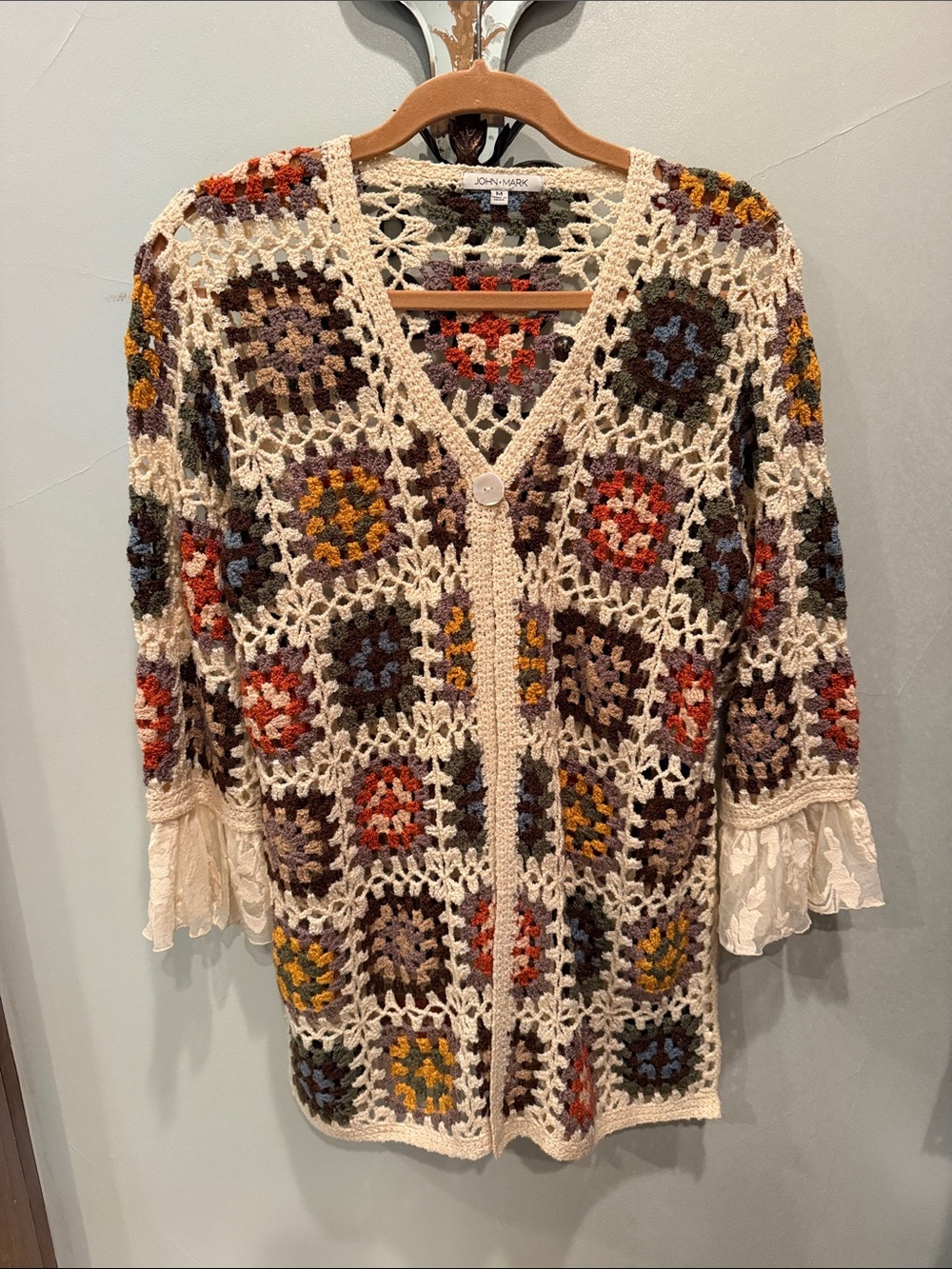 John Mark Cream Crochet Cardigan with Multicolor Granny Squares